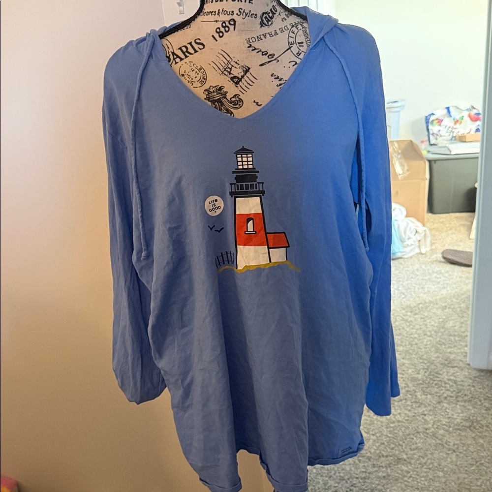 Life Is Good Light Blue Lighthouse Hooded Women's Top